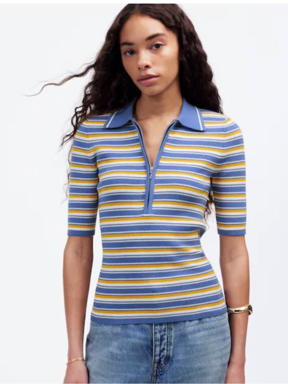 Madewell Half-Zip Johnny-Collar Polo - Delphinium Stripe